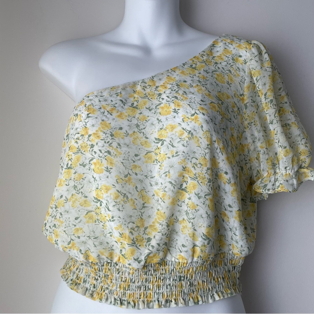 Lush Yellow Floral Print One Shoulder Sleeve Top Size Medium - Picture 1 of 8